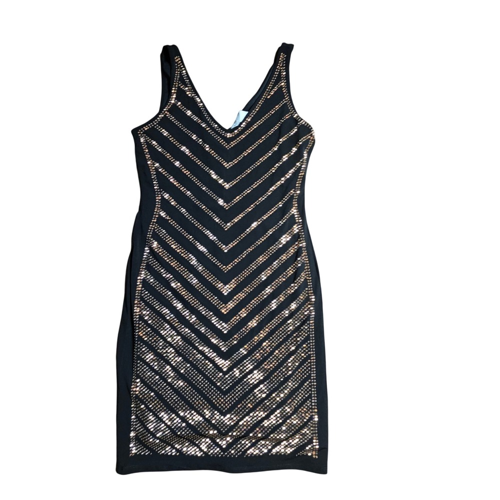 Carmen Embellished Chevron Sleeveless‎ Sheath Dress L Bodycon Glam Chic NWT